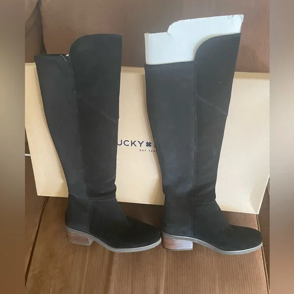 New lucky brand women’s TWYNKL boots, knee-high black suede black size 8
